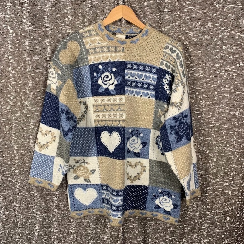 Vintage Ship'N Shore Sport Knit Pullover Patchwork Sweater Hearts Women's Large